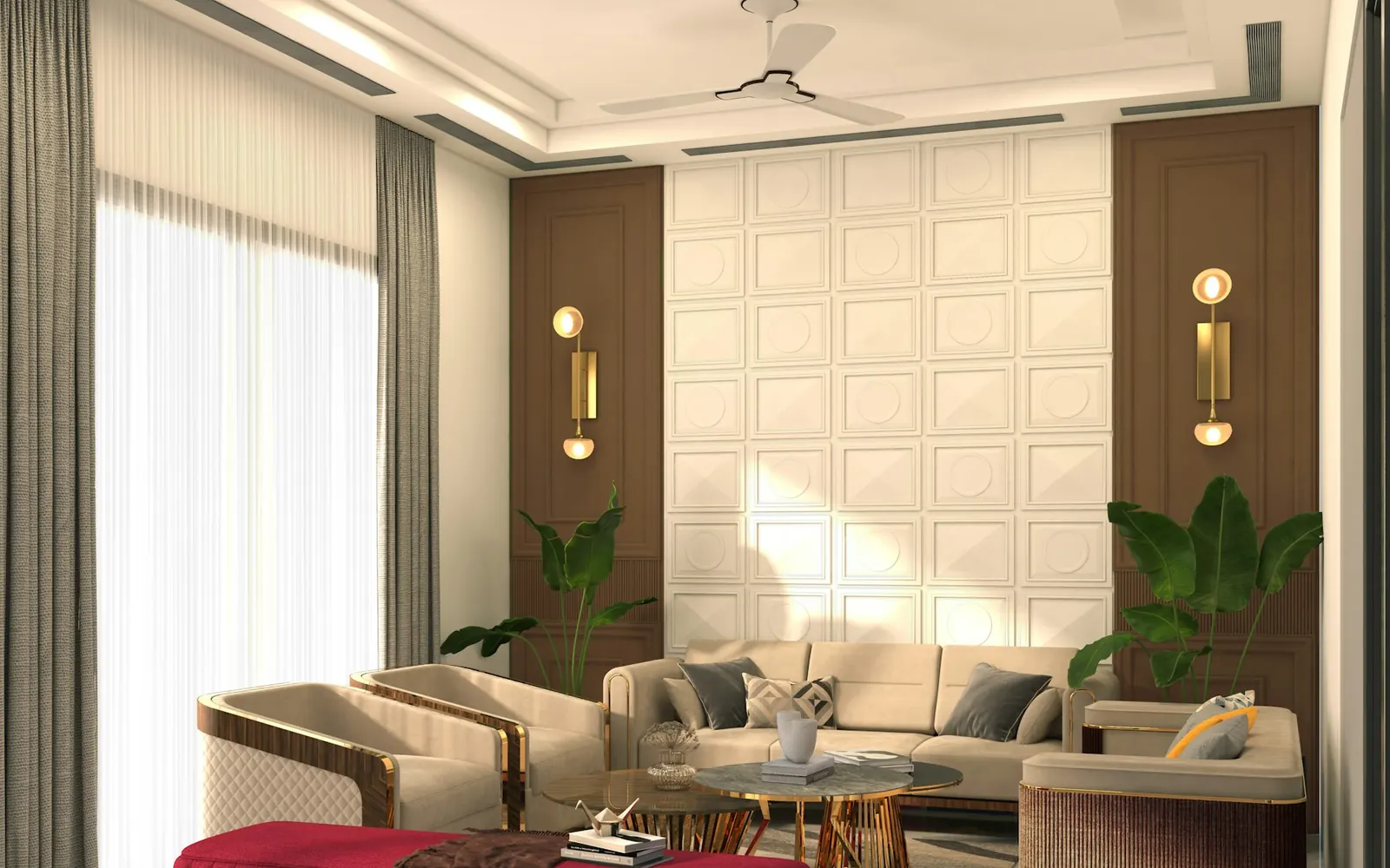 Refined luxury living room interior with neutral finishes and premium furniture