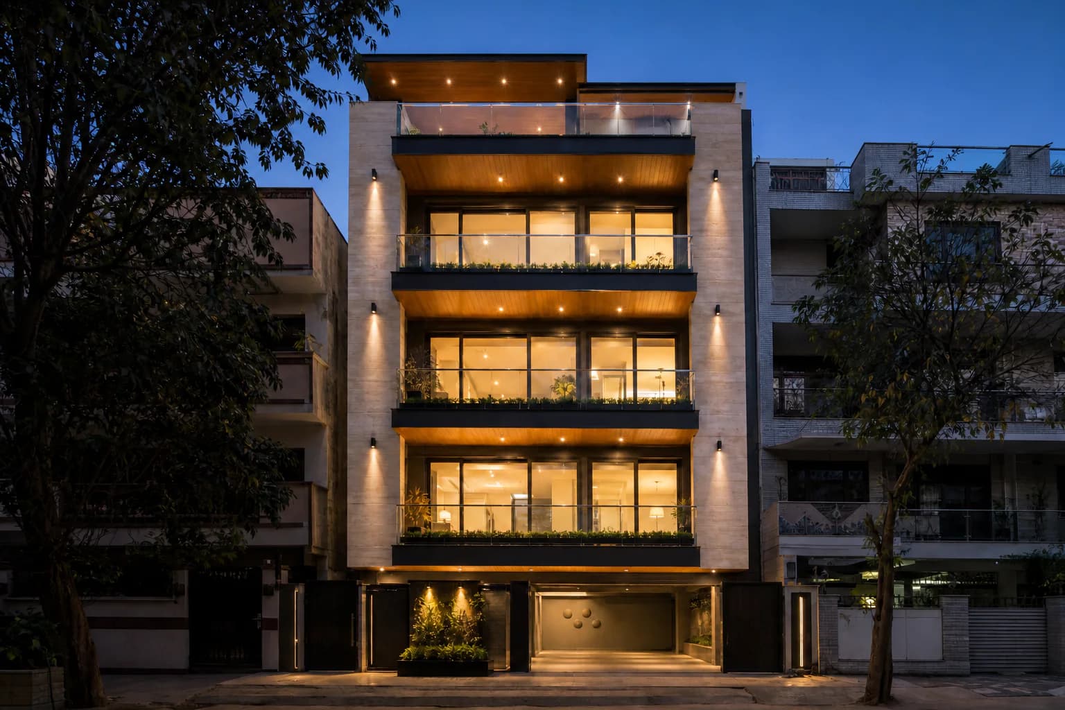 Premium contemporary builder floor in Lajpat Nagar South Delhi at blue hour