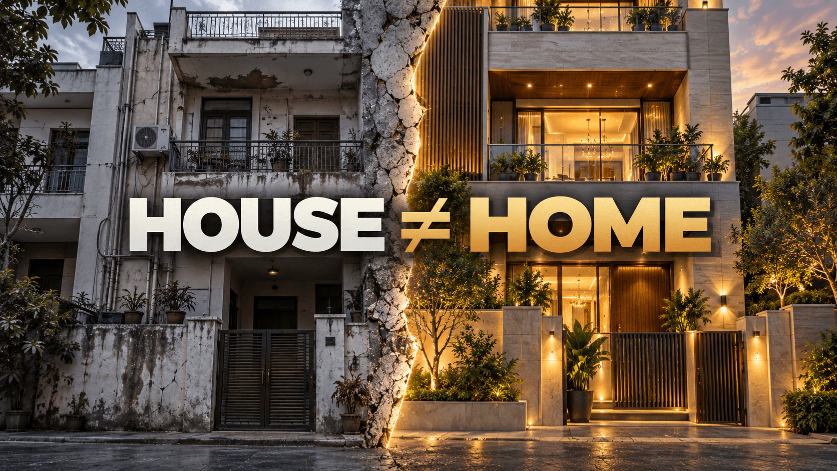 House vs home comparison showing a weathered building beside a warm premium South Delhi residence