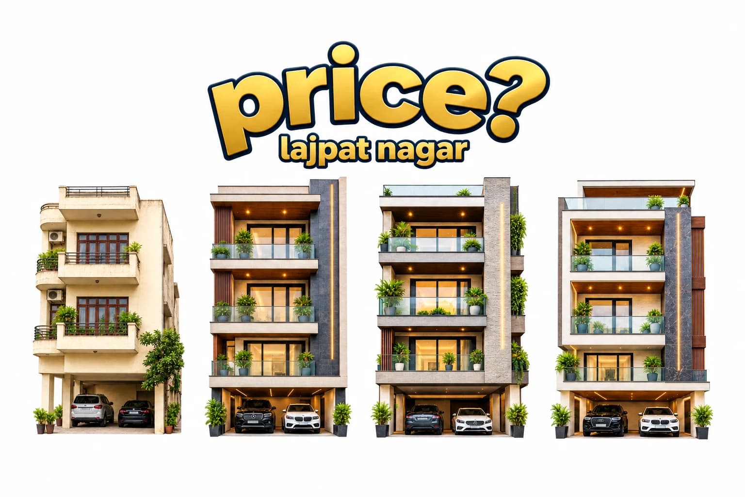 Illustration of four Lajpat Nagar-style builder-floor houses with price? and lajpat nagar lettering