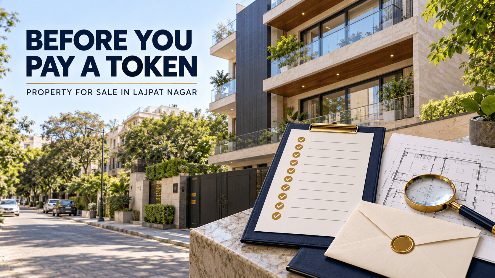 Eleven-point inspection checklist in front of a premium property for sale in Lajpat Nagar