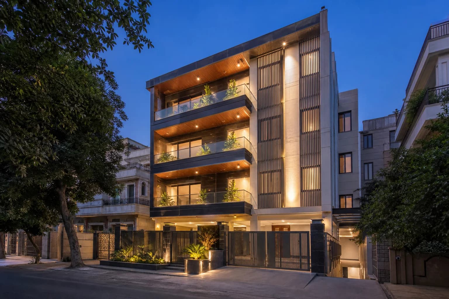 Luxury modern builder floor in Lajpat Nagar South Delhi at blue hour